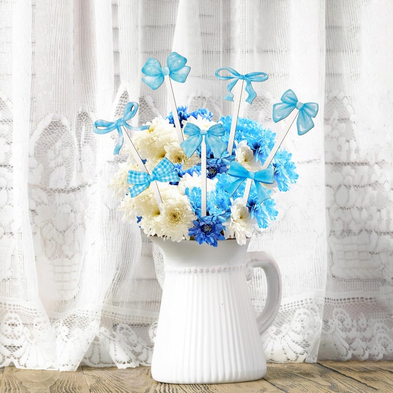 TICIAGA Blue Bow Wooden Pick - 14PCS Blue Bow Tie Double-sided Wooden Decorative Pick for Home Vase Filler Butterfly Knot Floral Wood Decorative Stick for Farmhouse Coquette Theme Decorations for Home - Image 4